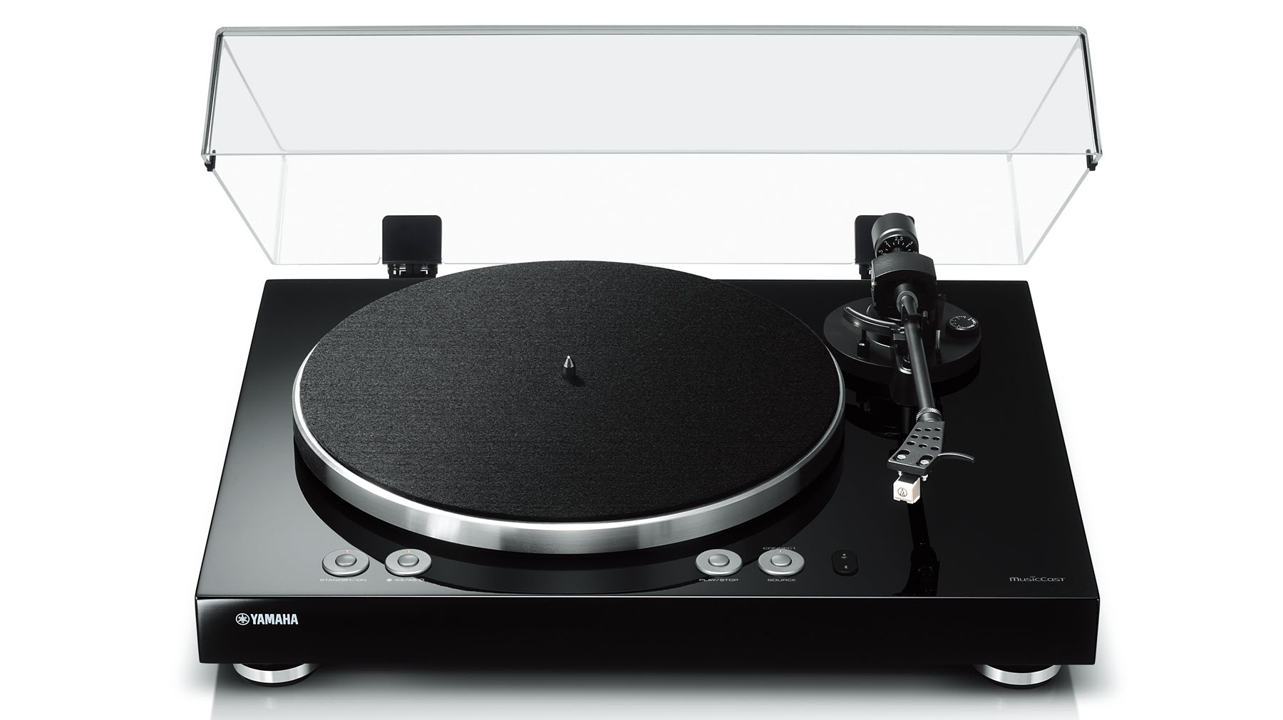 VINYL-500-front-1800w. Modern turntable with clear lid open.