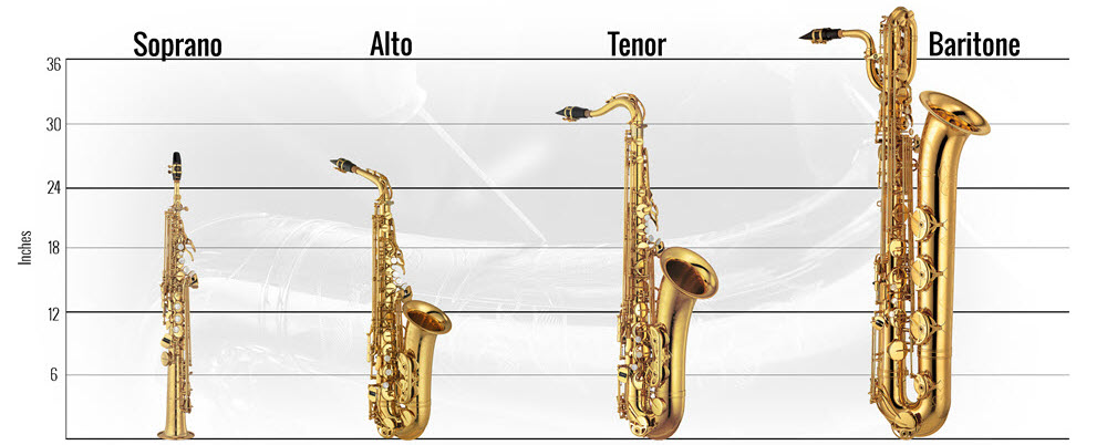 Sax-size-comparison Graphic comparing the sizes of types of saxophones to absolute heights and to each other.