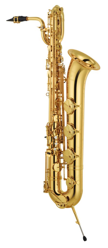 YBS-82-1000 Large gold colored saxophone with a small foot.