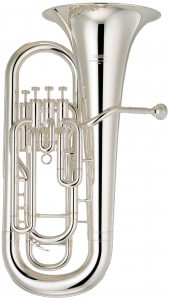 YEP-321 (Euphonium) A silver euphonium with the mouthpiece on the right.