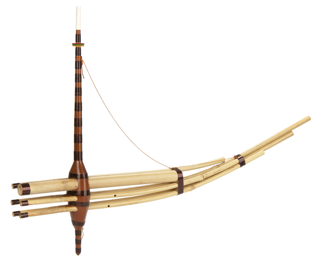 qeej A musical pipe made with bamboo and multiple pipes.
