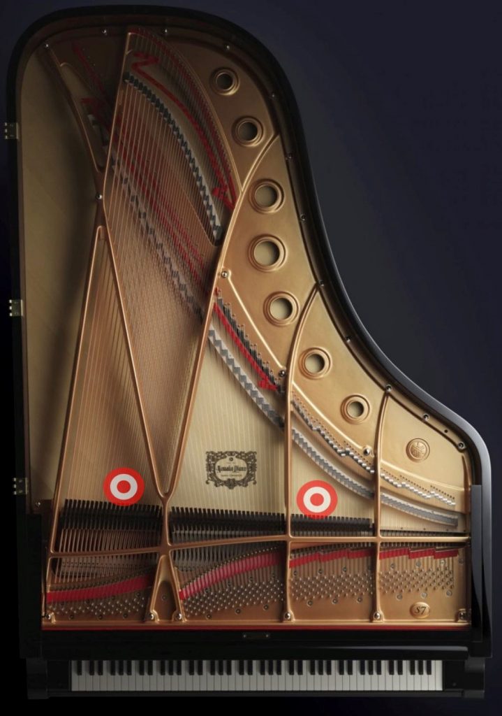 Fig-.1-piano Inside of a grand piano as seen from above with lid removed. Two bullseye style target graphics imposed.