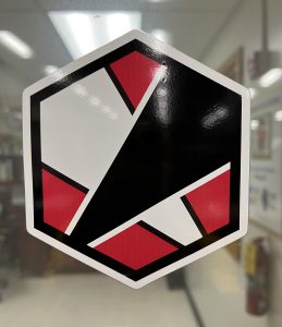 window decal showing band's logo