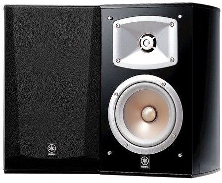 Two small audio speakers, one with the filter cover removed.