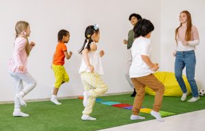 young students jumping