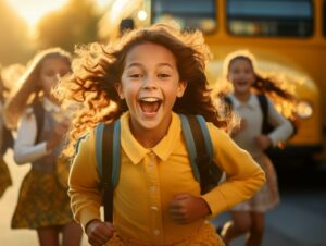 Smiling elementary student smiling and ready to board school bus.