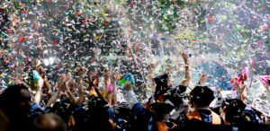 confetti-strewn graduation ceremony