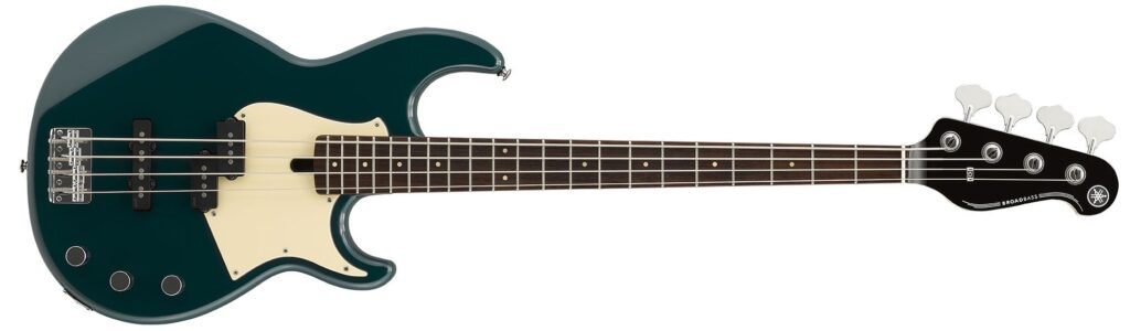 A black electric bass guitar.