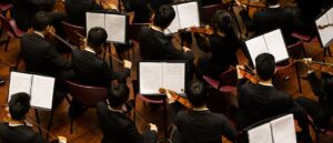 aerial view of student musicians performing on stage